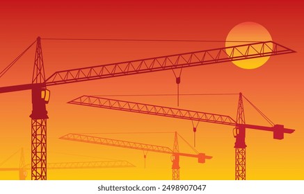 Group of construction tower cranes on the reddish and orange background of the sun and the sunset sky. Vector illustration