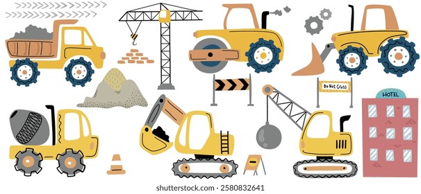 Group of construction vehicle with construction element in hand drawn style, vector cartoon illustration