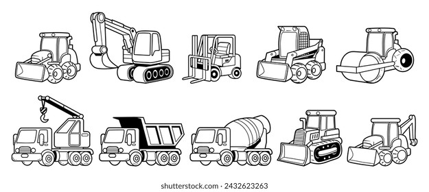 Group of construction vehicle element outline sketch vector illustration set