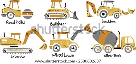 Group of construction vehicles, vector cartoon illustration
