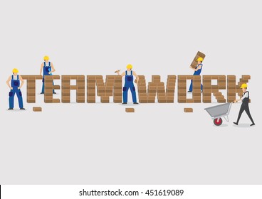 Group of construction workers building brick wall to form Teamwork text isolated on plain background.