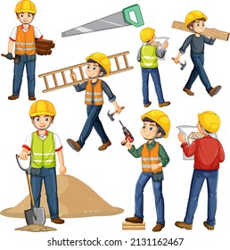 Ilustración de personajes de dibujos animados de grupos de trabajadores de la construcción