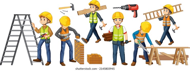 Group of construction workers cartoon characters illustration