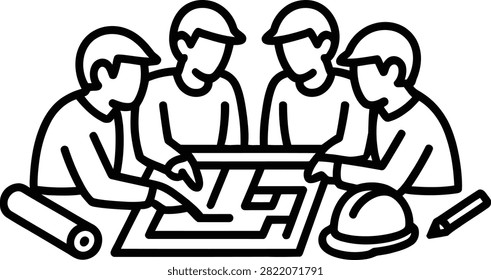 Group of construction workers collaborating over architectural blueprints together