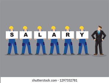 Group of construction workers demand their salary from their boss. Concept of labour rights. Vector illustration.