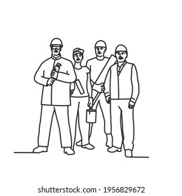 Grupo de trabajadores de la construcción. Ilustración vectorial dibujada a mano.