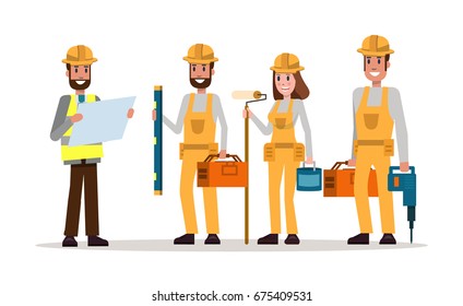 Group of construction workers in hard hats. Engineer planing work with construction worker. Flat character design. vector illustration