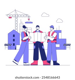 Grupo De Trabajadores De La Construcción Revisando El Proyecto En El Sitio En Ilustración vectorial Plana Que Simboliza La Planificación, El Desarrollo Y El Trabajo En Equipo, Aislado Sobre Fondo Blanco.