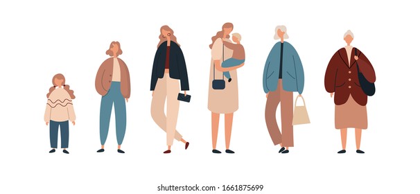 Group of contemporary females from little kid to senior lady wearing stylish casual clothes and representing various stages of woman life