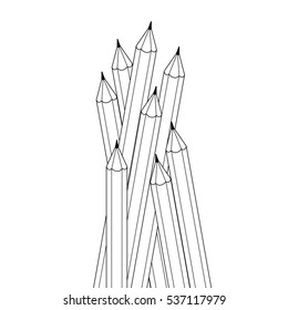 Group of contour drawing black and white color pencils. Isolated objects