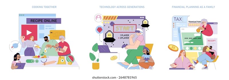 Cozinhar em grupo com receitas on-line, jogos entre gerações e planejamento financeiro familiar representado em uma ilustração vetorial perfeita destacando as atividades da vida diária.