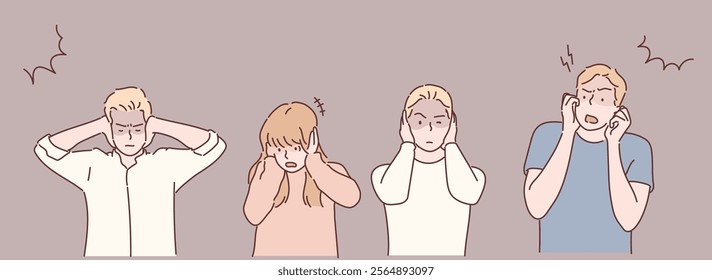 Group of cool people, woman and man covering ears ignoring annoying loud noise, plugs ears to avoid hearing sound. Hand drawn style vector design illustrations.