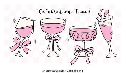 Group of Coquette Retro Pink Glasses of Drinks Celebration Hand Drawn Doodle 