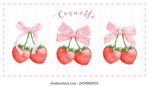 group of Coquette Strawberries with pink ribbon bow banner, aesthetic watercolor hand drawing