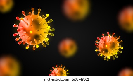 Group of Coronaviruses 3d realistic vector in black background. corona virus cell, wuhan virus disease. Perfect for banner information, flyer, poster, etc. Vector illustration eps10