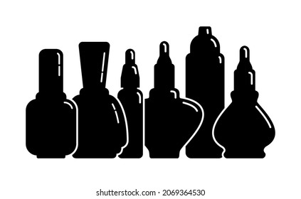 Group cosmetic container nail polish gel oil in row. Female makeup product. Plastic or glass bottle. Fashion and style. Black silhouette. Isolated object. Illustration isolated white background.
