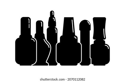 Group cosmetic container nail polish gel oil in row. Female makeup product. Plastic or glass bottle. Fashion and style. Black silhouette. Isolated object. Vector illustration isolated white background