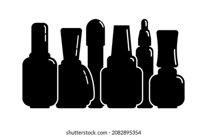 Group cosmetic container nail polish gel oil in row. Female makeup product. Plastic or glass bottle. Fashion and style. Black silhouette. Isolated object. Vector illustration isolated white background
