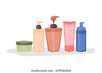 Grupo de cosméticos. Botellas de máscara, champú, bálsamo, crema, espuma. Concepto de herramientas belleza y cuidado de la piel, ecocosméticos, limpiador. Ilustración plana del vector