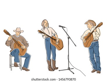 Group of country musicians play guitar. Male and female guitar players in cowboy hats and in jeans. Black isolated contour and colors. Hand drawn style. Vector element. Colorful flat illustration.