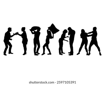 Group of Couple Fighting Silhouette isolated white background. Vector Illustration
