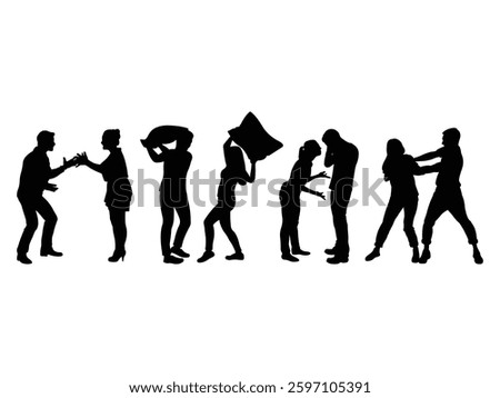 Group of Couple Fighting Silhouette isolated white background. Vector Illustration