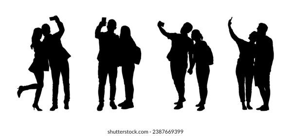 Grupo de pareja de hombres y mujeres tomando selfie con juego de vector de silueta de smartphone.	