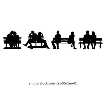 Group of Couple on a Bench Silhouette isolated white background. Vector Illustration