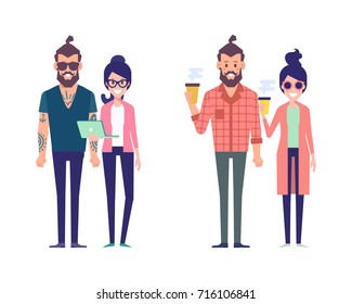 Group of couples hipster friends. Flat vector illustration isolated on white background. Cartoon style.