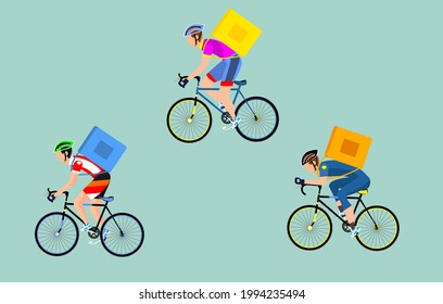 Group of couriers on bicycles,  with food delivery backpack . Delivery service concept.  flat vector illustration