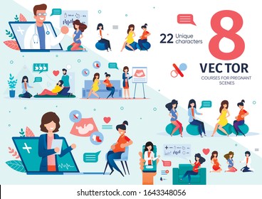 Group Courses for Pregnant Women Trendy Flat Vector Scenes Set. Future Mother Visiting Maternity Seminars with Husband, Communicating, Talking with Doctor Online, Preparing to Childbirth Illustrations