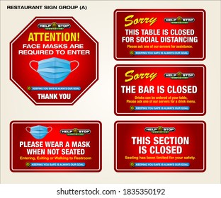 Group of Covid-19 restaurant or business signs for wearing mask to social distancing. Group 1, red, yellow, white.