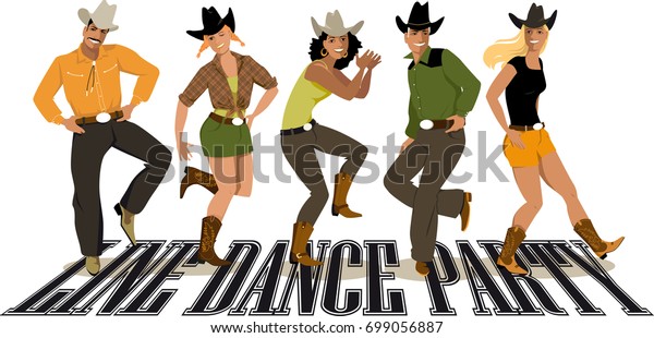 Group of cowboys ans\
cowgirls in western country clothes dancing line dance, EPS 8\
vector illustration