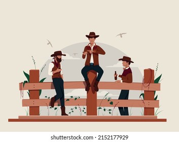 A group of cowboys talk and have a good time near the fence. One of them is flipping through his smartphone.