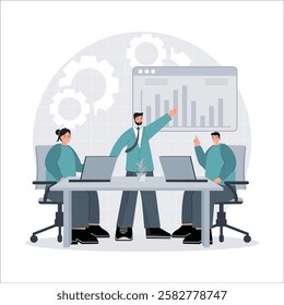 A group of coworkers collaborate and discuss data while using laptops in a professional office.