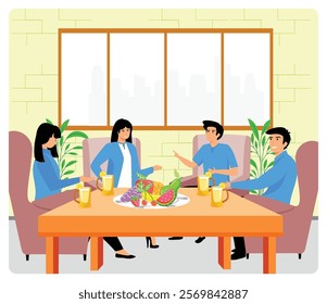 A group of coworkers engaging in casual conversation while enjoying drinks and fruit in a dynamic office environment, encouraging collaboration and teamwork in a refreshing social atmosphere. 