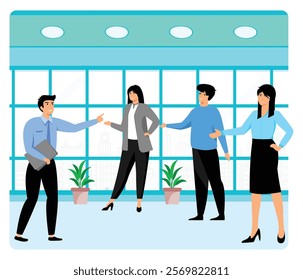 Group of coworkers interacting enthusiastically in a bright, modern office environment, highlighting teamwork. Flat vector modern illustration 