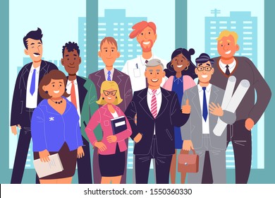 Group Of Coworkers, Teamwork Concept. Office Workers Posing For Photo Together, Businesspeople In Suits Standing In Front Of Window With Urban Cityscape Scenery. Simple Flat Vector