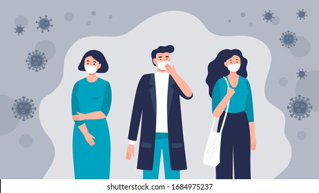 Group of coworkers wearing medical masks to prevent disease virus Covid-19. Modern vector illustration in a flat style.