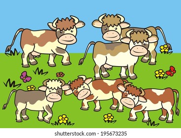 group of cows on the meadow, cattle, pasture, grassland, vector illustration