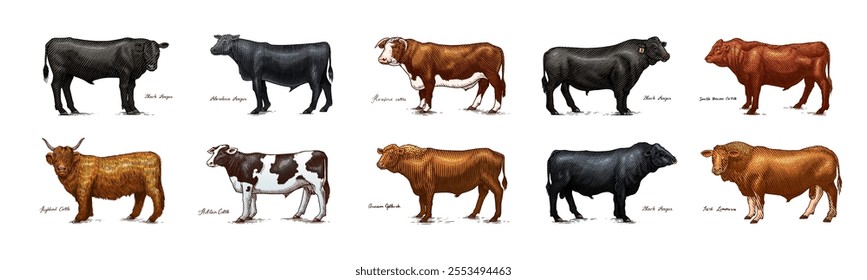 A Group Of Cows Standing Next To Each Other On A White Background. Farm cattle bulls. Different breeds of domestic animals. Engraved hand drawn monochrome sketch. Vintage line art.