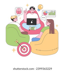 Eine Gruppe in einer gemütlichen Brainstorming-Sitzung, mit lebhaften Illustrationen eines Gehirns, einer Glühbirne und von Diagrammen, die herum schweben. Man teilt sich einen Laptop-Bildschirm, was Teamwork und Ideation bedeutet. Vektorgrafik