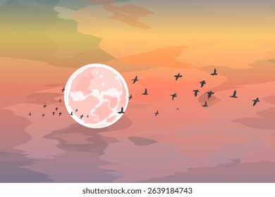 a group of cranes flying across nature with the moon in the cloudy evening sky as a backdrop
