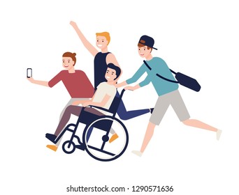 Group of crazy happy friends running, carrying boy sitting in wheelchair and making selfie. Friendship and support for man with physical impairment. Colored vector illustration in flat cartoon style.