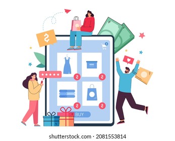 Group of crazy shopaholics making purchases in online store. Giant tablet, customers buying from internet shops flat vector illustration. Online shopping, sale concept for banner or landing web page