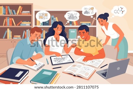 Group of creative colleagues collaborating on a project in a bright office