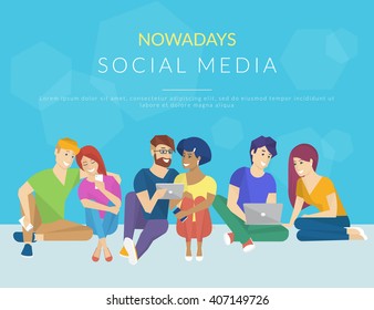 Group of creative people using smartphone, laptop and tablet pc sitting on the floor and talking each other. Flat concept illustration of creative thinking and working with modern electronic devices 