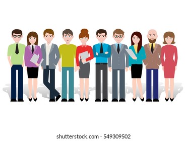 Group of creative people, vector illustration. Modern design. Office staff standing together happy. Vector infographic of friends, human population, citizen and neighbourhood