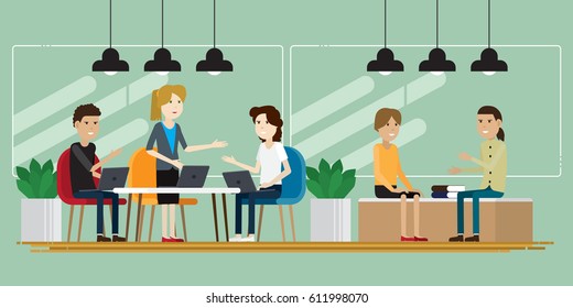 Group creative people working in co working. characters illustration vector