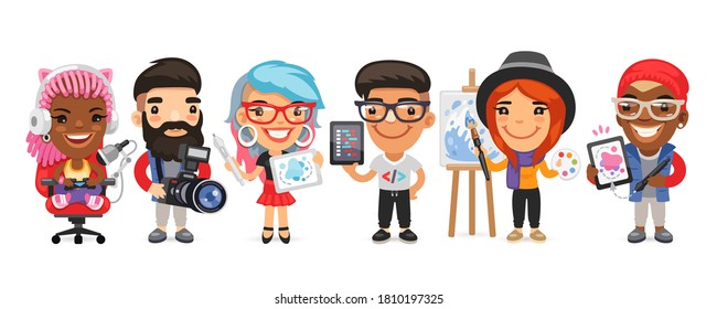 A group of creative professions men and women characters in different poses stand on a white background. 
Streamer, photographer, designer, coder, artist, and illustrator. Flat style.